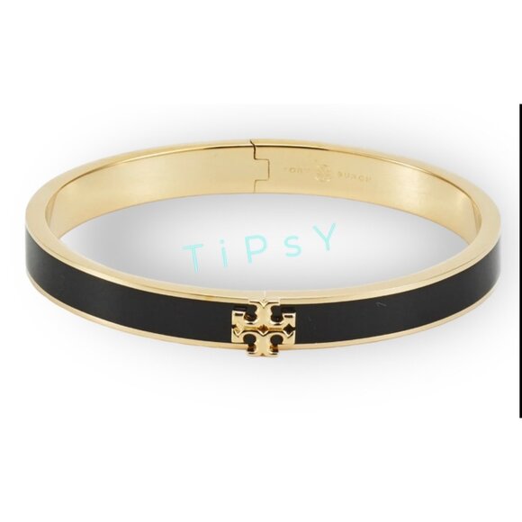 Tory Burch Kira Black & Gold Enamel Logo Hinged Bangle Bracelet - Picture 1 of 4